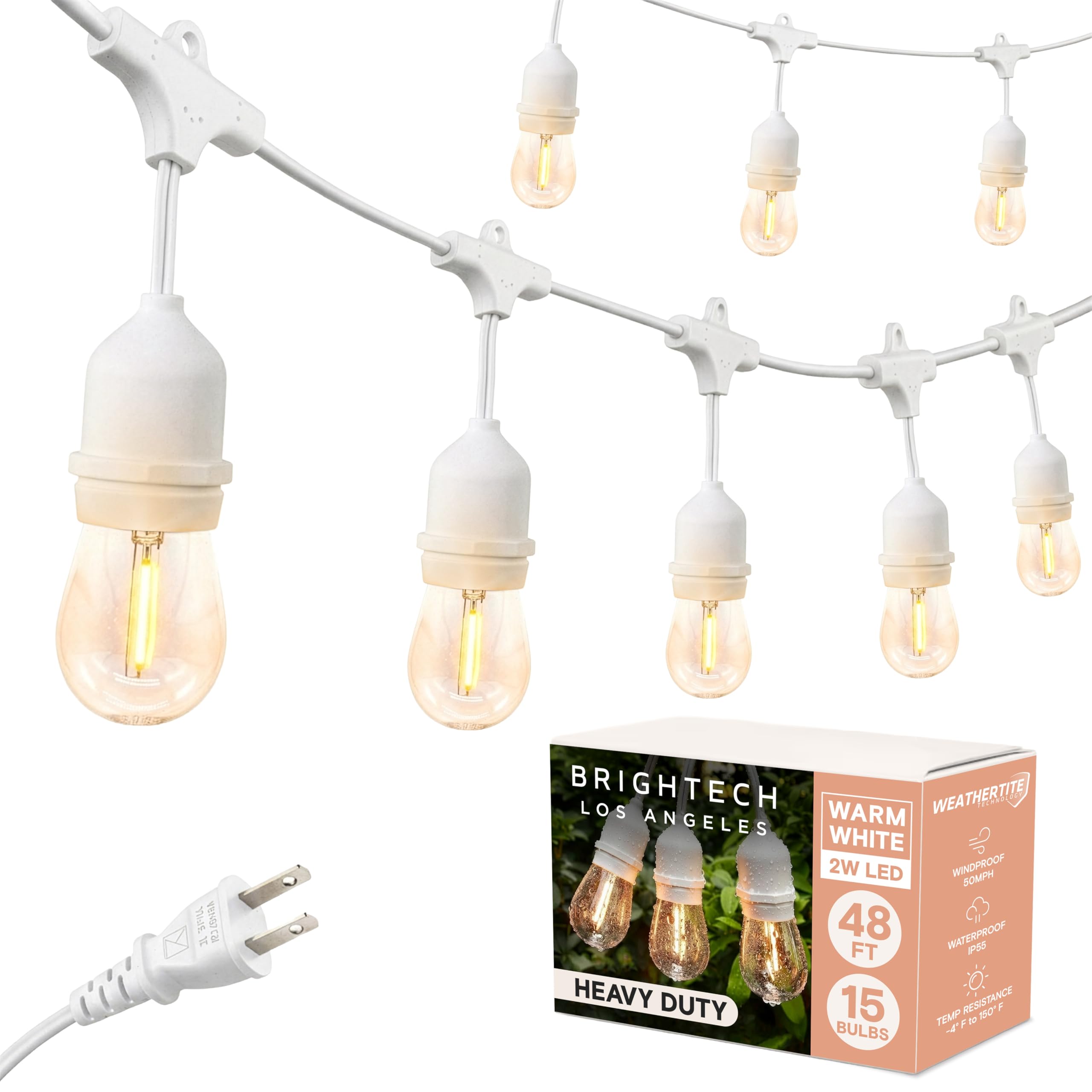 Brightech Ambience Pro - Guirlandes LED blanches et étanches pour l'extérieur - Ampoules Edison 2W - 48 pieds de lumières pour créer une ambiance bistro dans votre gazebo ou votre cour arrière