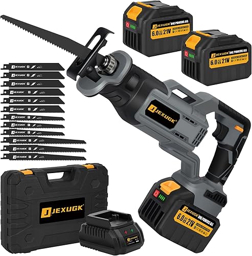 JEXUGK Sierra Recíproca sin Escobillas, Sierra Inalámbrica de 21V con Batería de 2 x 6.0Ah, Sierra Recíproca Portátil Eléctrica con 12 Hojas y Luz