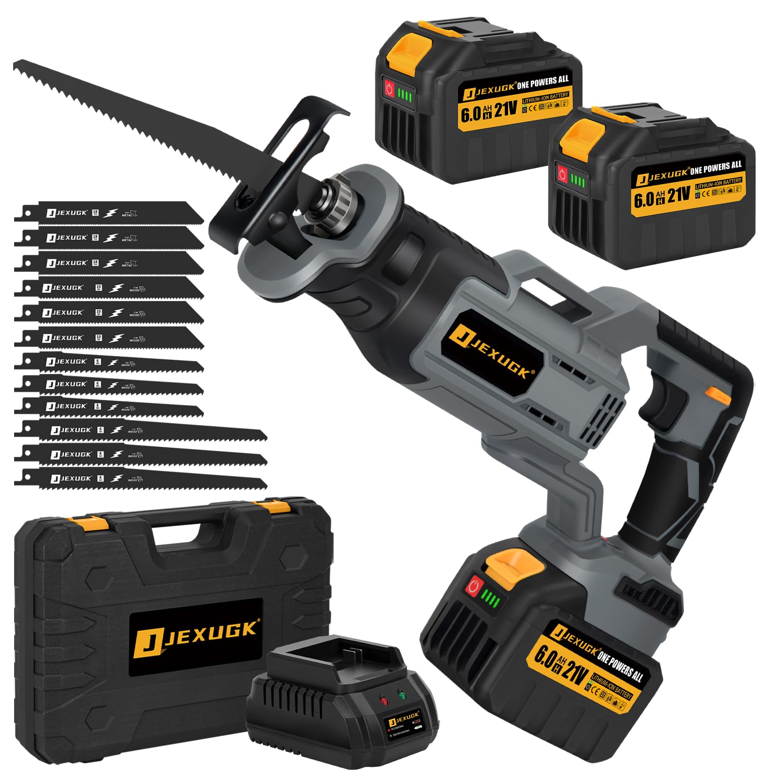JEXUGK Brushless Reciprocating Saw, 21V Cordless saw saw with 2 x 6.0Ah battery, Electric Portable Sierra Recíproca with 12 Blades & LED Light, 0-3500