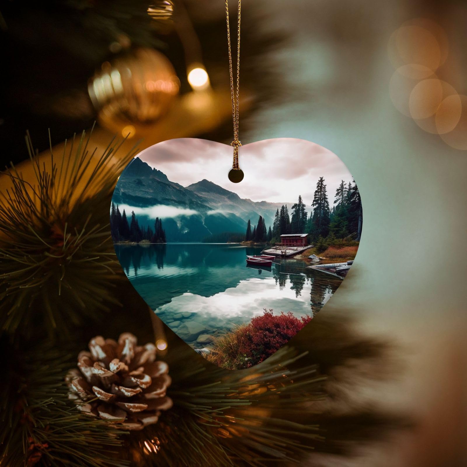 Christmas Tree Ornaments Ceramics Christmas Decorations Scenic Lake Ornaments with Gold Ribbon Porcelain Xmas Tree Crafts Heart Shape Hanging Pendant for Christmas Tree Party Decor