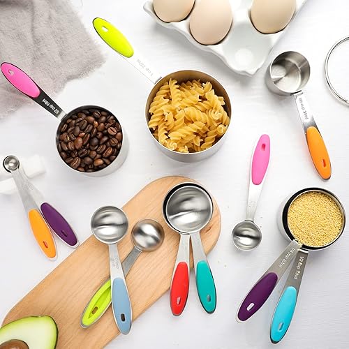Miniatura 7 de Juego de 13 tazas y cucharas medidoras de acero inoxidable, cucharas medidoras anidables para ingredientes secos y líquidos
