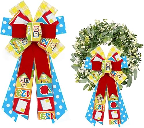 ALIBBON Lazos grandes de vuelta a la escuela para corona, lazos de corona escolares, lazos de corona de aula rojos, azules, amarillos, para puerta