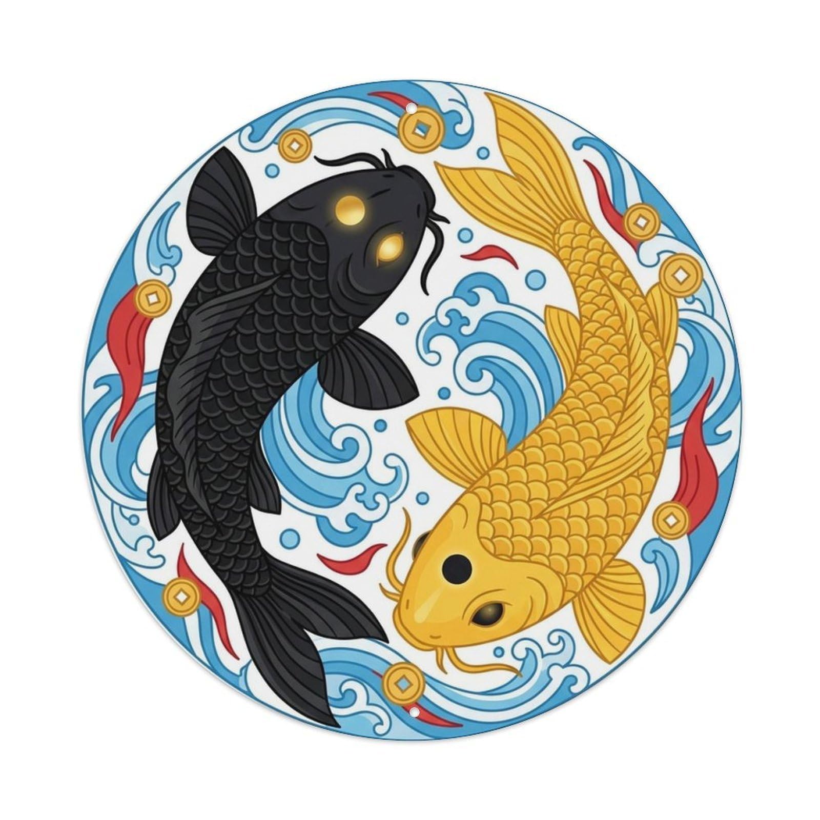 Olyhtr 8X8inch Classic Style Yin Yang Koi Prosperity Fortune Good Luck Motif Classic Metal Tin Sign