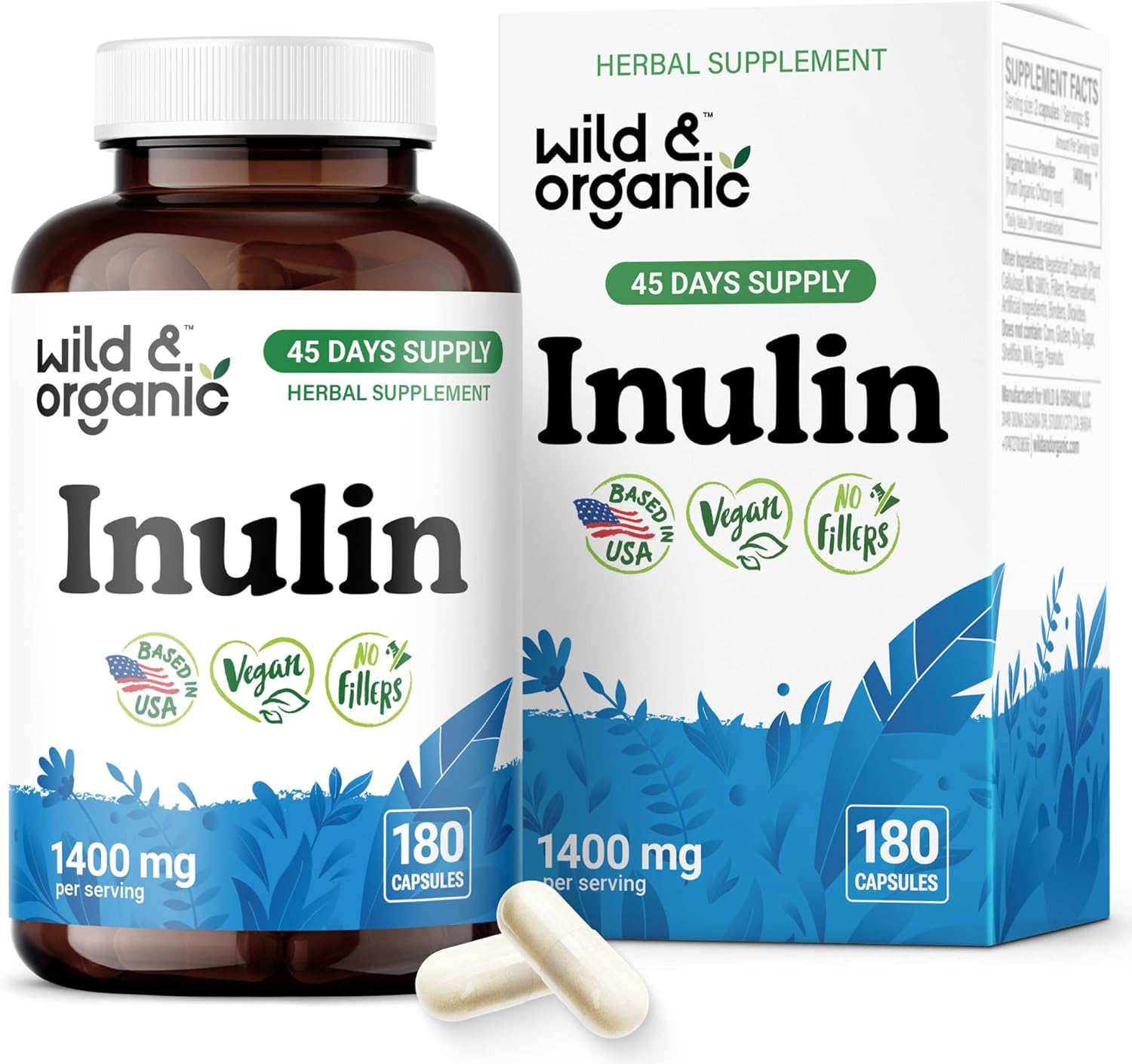 Wild & Organic Inulin Capsules 1400 mg – Digestive & Gut Support – Chicory Root Inulin Fiber Supplement – Prebiotic Fiber Derived from Chicory Powder – Vegan, No Fillers, Non-GMO – 180 Count Wild & Organic Inulin Capsules 1400 mg – Digestive & Gut Support – Chicory Root Inulin Fiber Supplement – Prebiotic Fiber Derived from Chicory Powder – Vegan, No Fillers, Non-GMO – 180 Count