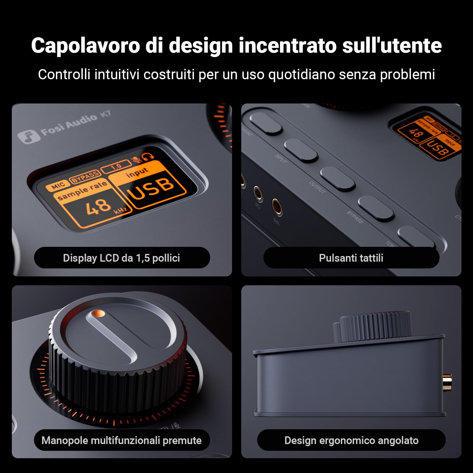 Fosi Audio K7 DAC Amplificatore Cuffie, USB C convertitore audio digitale/analogico per PC PS5, Ingresso Ottico/Coassiale/Bluetooth aptX HD LL/Microfono, Uscita Bilanciata/RCA da 3,5 mm/4,4 mm