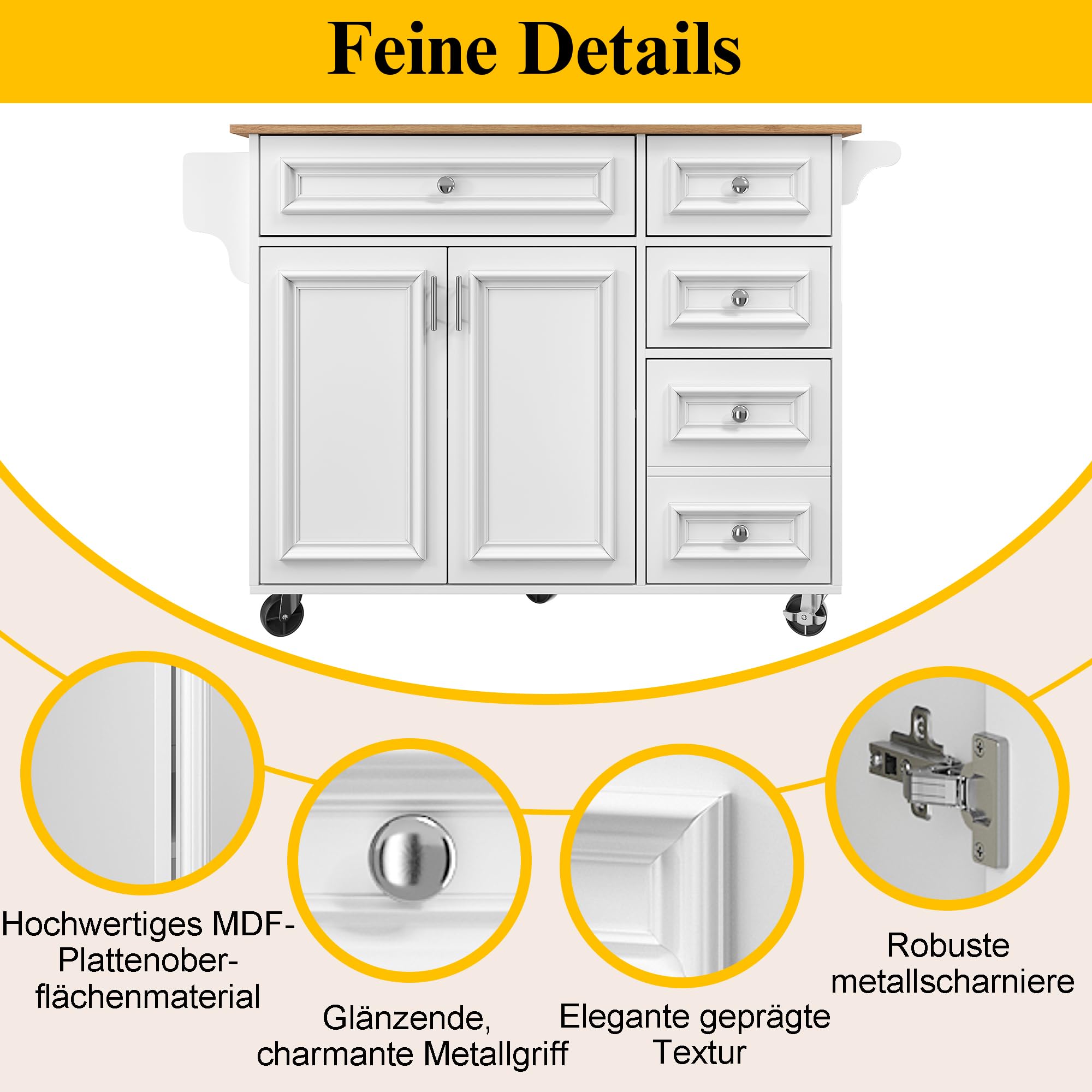 Küchenwagen, Kücheninsel mit Arbeitsplatte klappbar, Modern Küchenschrank, Servierwagen Buffetschrank mit Rollen und Handtuchhalter, Küchensiland mit 4 Schubladen, 2 Türen,110×45-75×92cm (Weiß)
