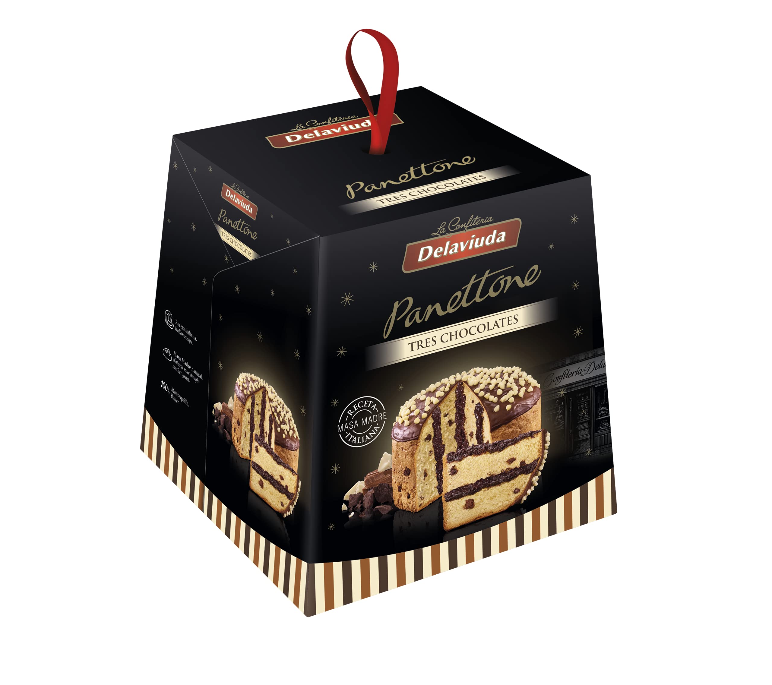 Delaviuda, Panettone 3 Chocolates, Panettone Italiano con Receta Tradicional con Gotas de Chocolate, Panettone de Navidad, Panettone de Chocolate, 750 Gramos