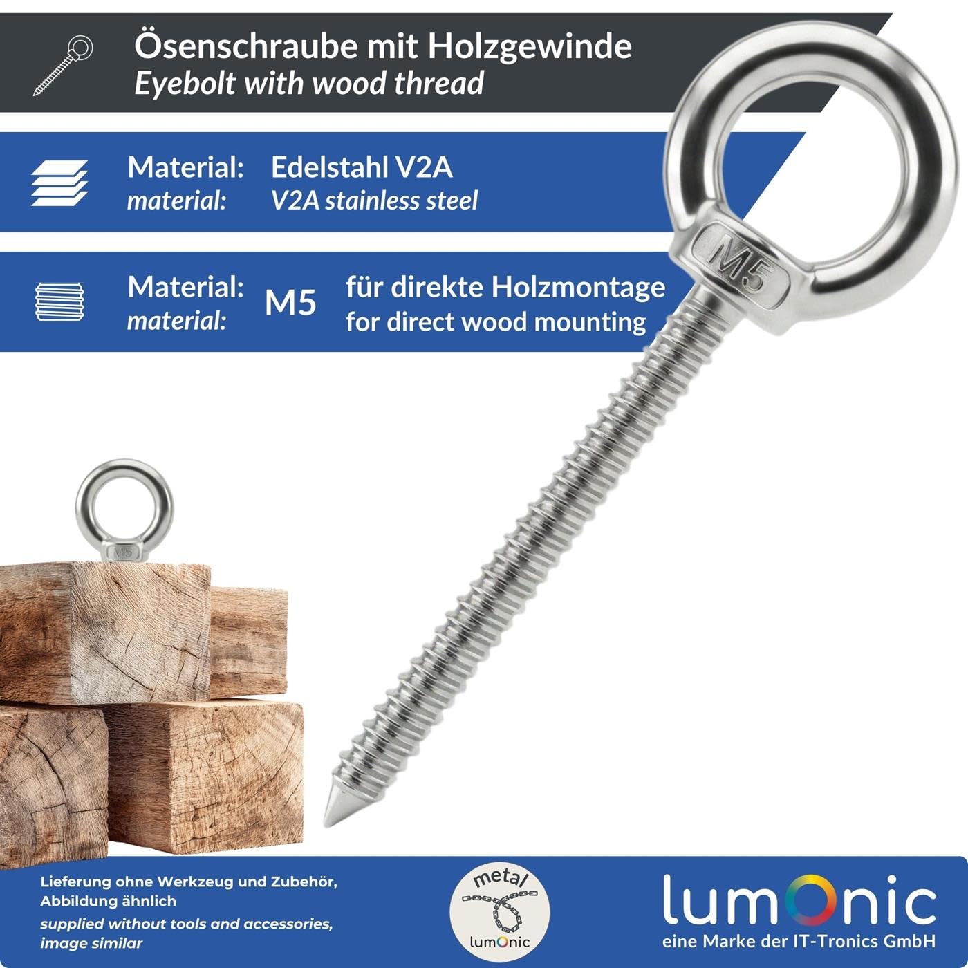 Lumonic Vite con occhiello in acciaio inox V2A con filettatura in legno, M5 x 50 mm, fissaggio a travi/pali in legno, vite ad anello per tenda da sole, amaca, altalena e catene