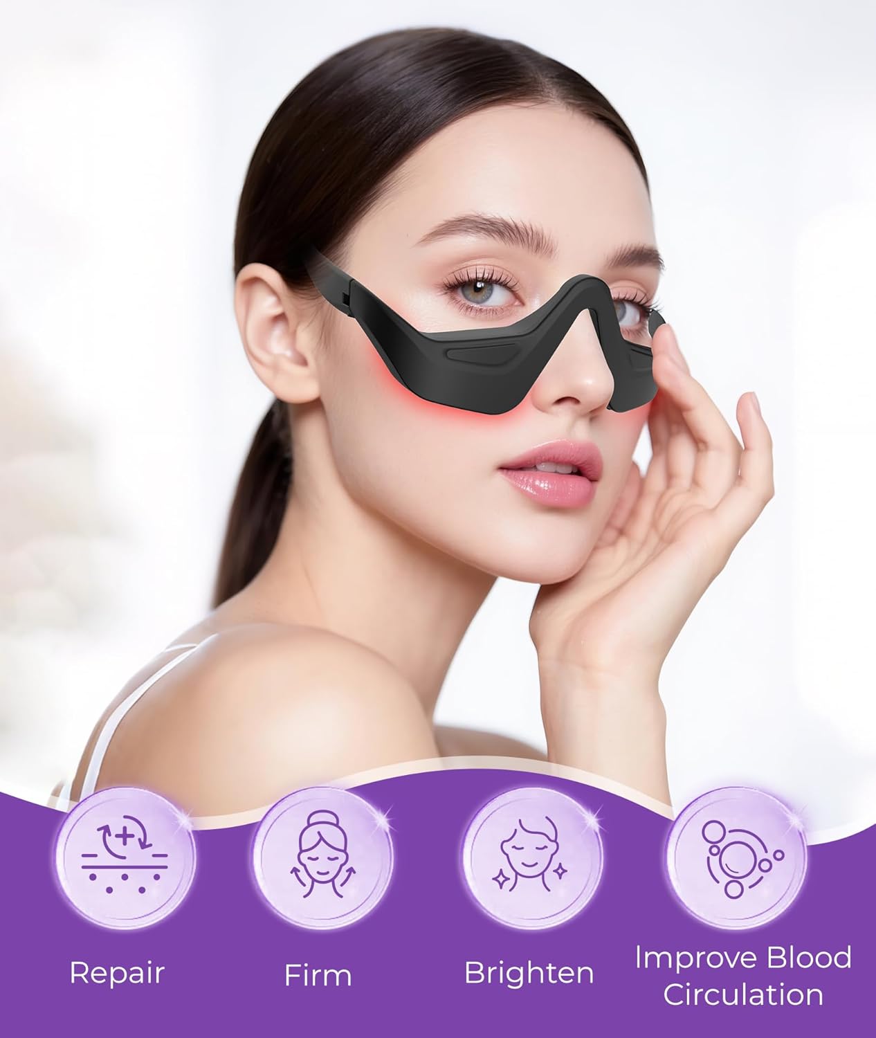 Eye Red Light Therapy Glasses, 7-Color LED Microcurrent Eye Massager for Eye Bags, Dark Circles, Wrinkles & Fine Lines, Red Light Therapy for Eyes, 3 Modes, Black - Image 2