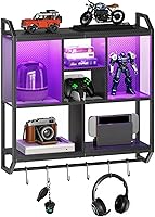 HOOBRO 28.7" Gaming Floating Shelves with LED Lights, 3-Tier Wall Mount Storage Rack, Hanging Rod & 6 Hooks for Gaming Room - Black BB70DBJ01