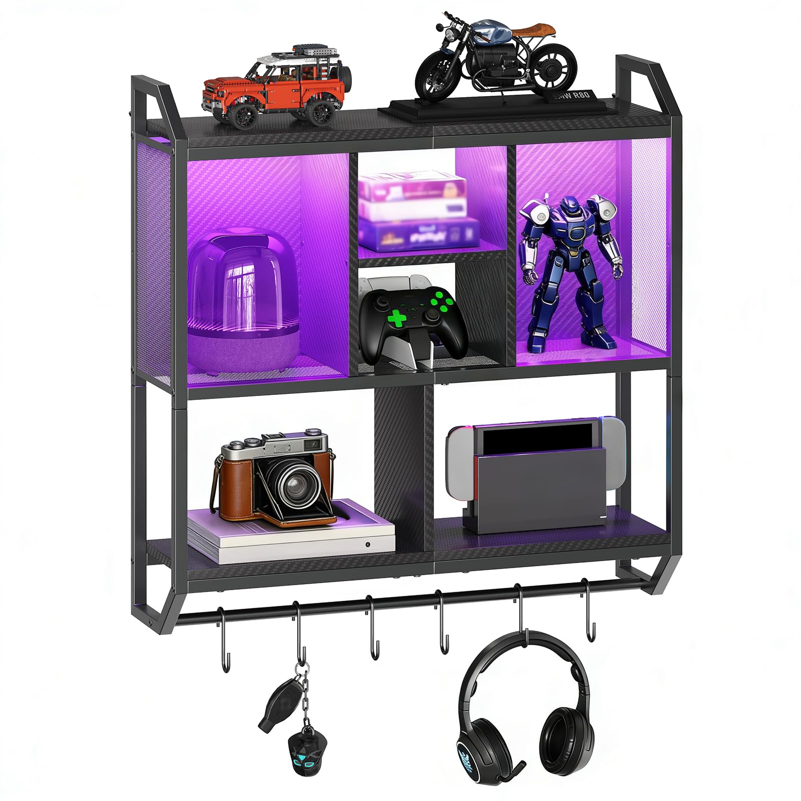 HOOBRO Gaming Floating Shelves with LED Lights, 28.7" LED Wall Mounted Shelf, 3-Tier Display Rack for Wall Storage, Floating Rack with Hanging Rod and