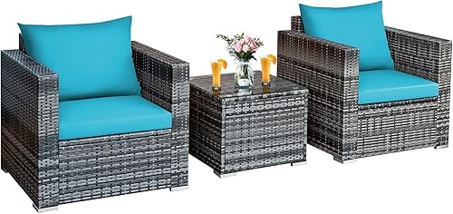 COSTWAY Juego de 3 muebles de ratán para patio, sofá y silla acolchada, color turquesa COSTWAY Juego de 3 muebles de ratán para patio, sofá y silla acolchada, color turquesa