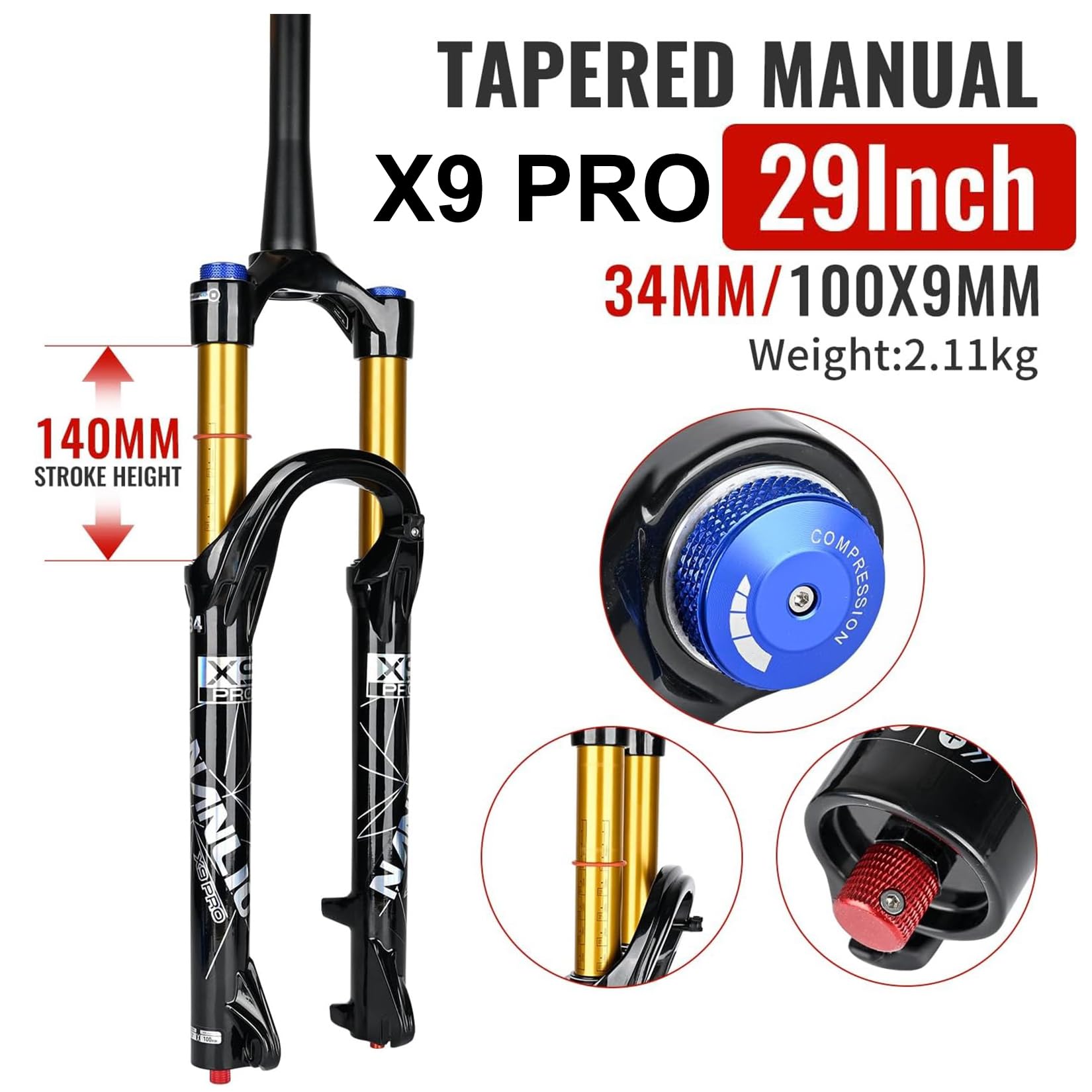 Fourche Avant de VTT à Suspension pneumatique, Compatible avec Les Tailles 26/27,5/29 Pouces, avec Amortissement et détente réglables et débattement de 140/160 mm.