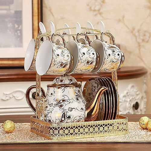 Miniatura 6 de ARRAZI Juego de 22 platillos de porcelana para taza de té de cerámica regalo de moda para 6 personas con patrón dorado tetera y azúcar jarra de crema
