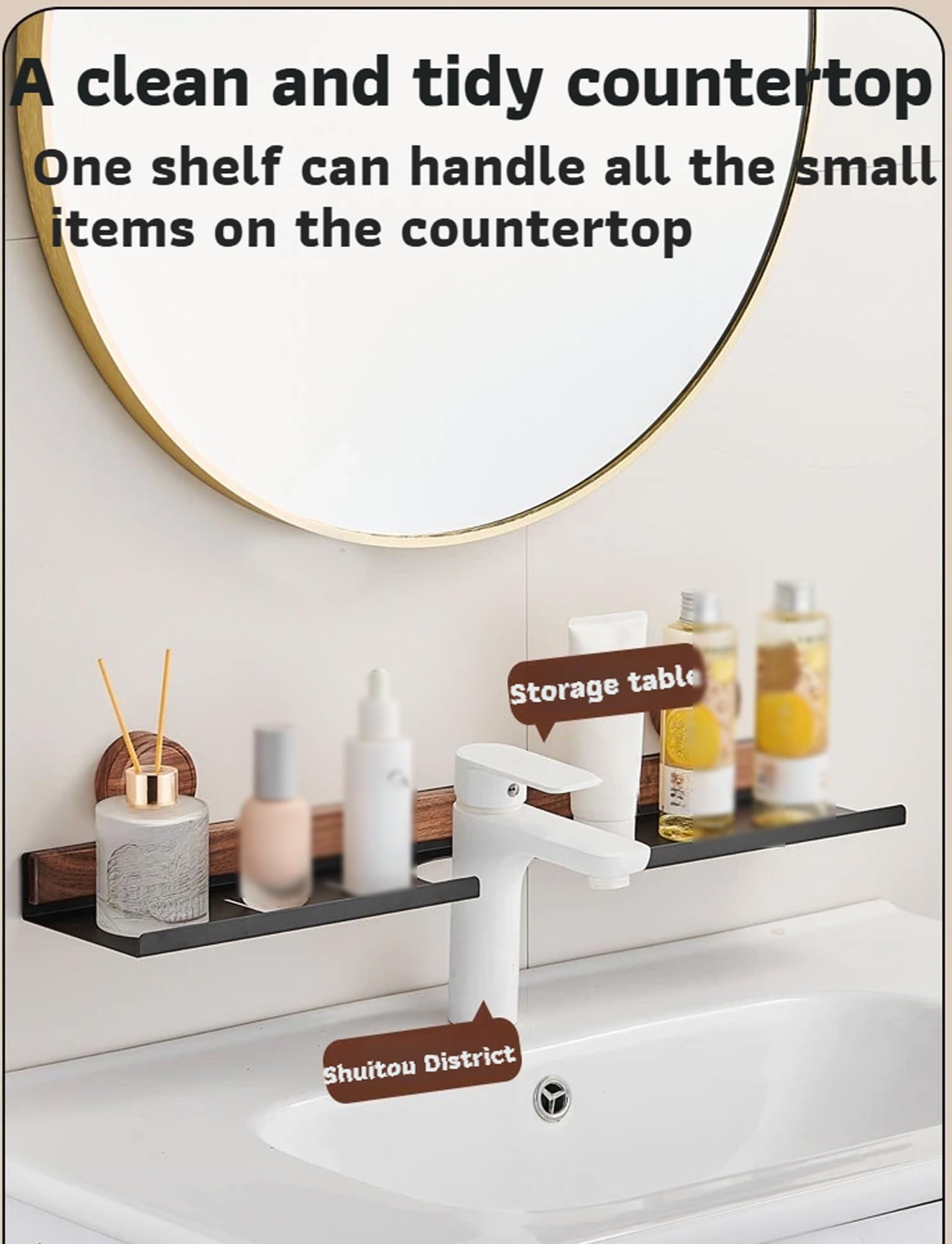 Bathroom Shelf,Removable Faucet Storage Rack,Wall Mounted Sink Shelf Over Faucet, No Drill, for Bathroom & Kitchen, Storage(Black,60cm/23.6in)