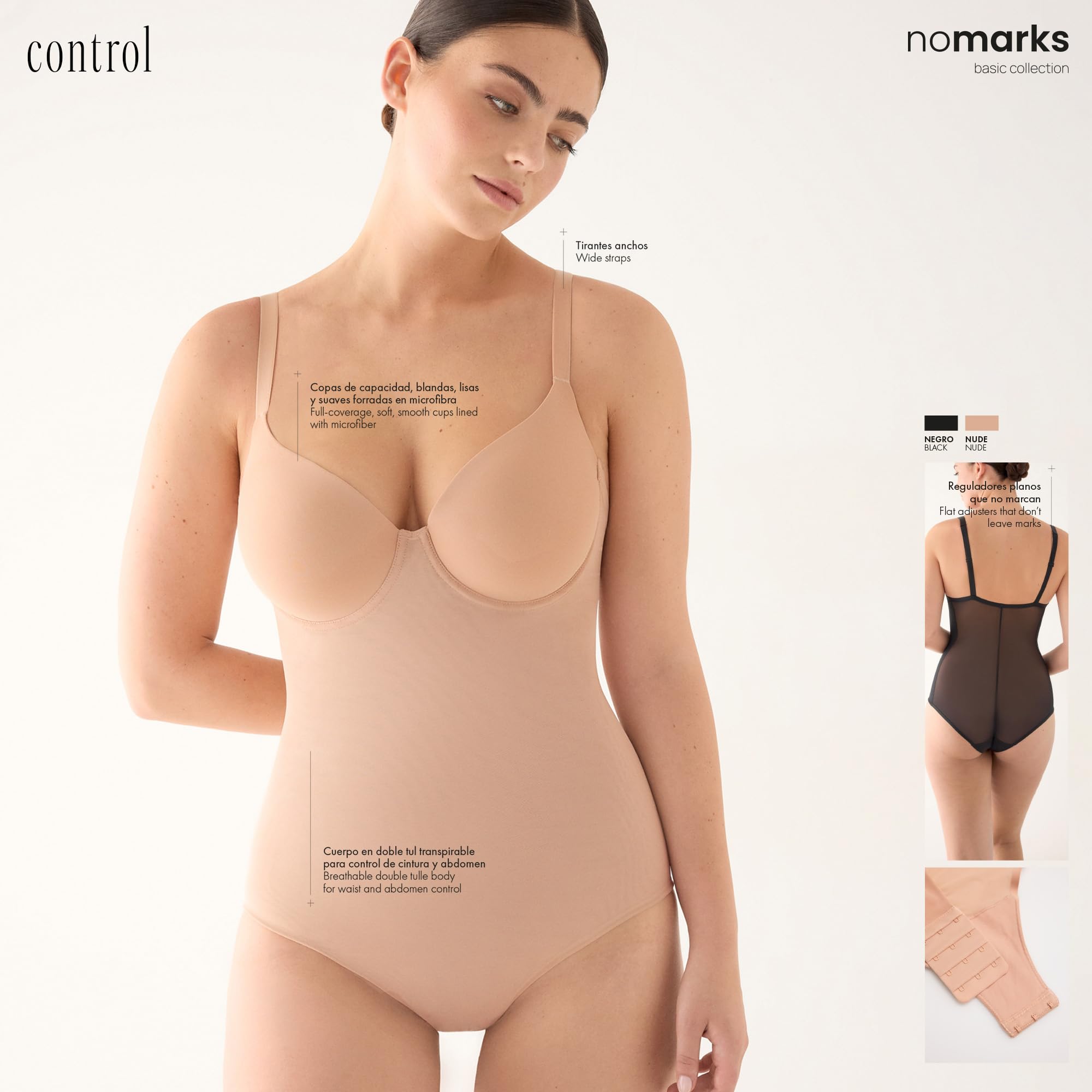 YSABEL MORA Body de Control. Colección nomarks. Control Localizado, Cuerpo en Doble Tul Transpirable que Define Cintura y Abdomen Cómodamente. Espalda Invisible sin Cierre.