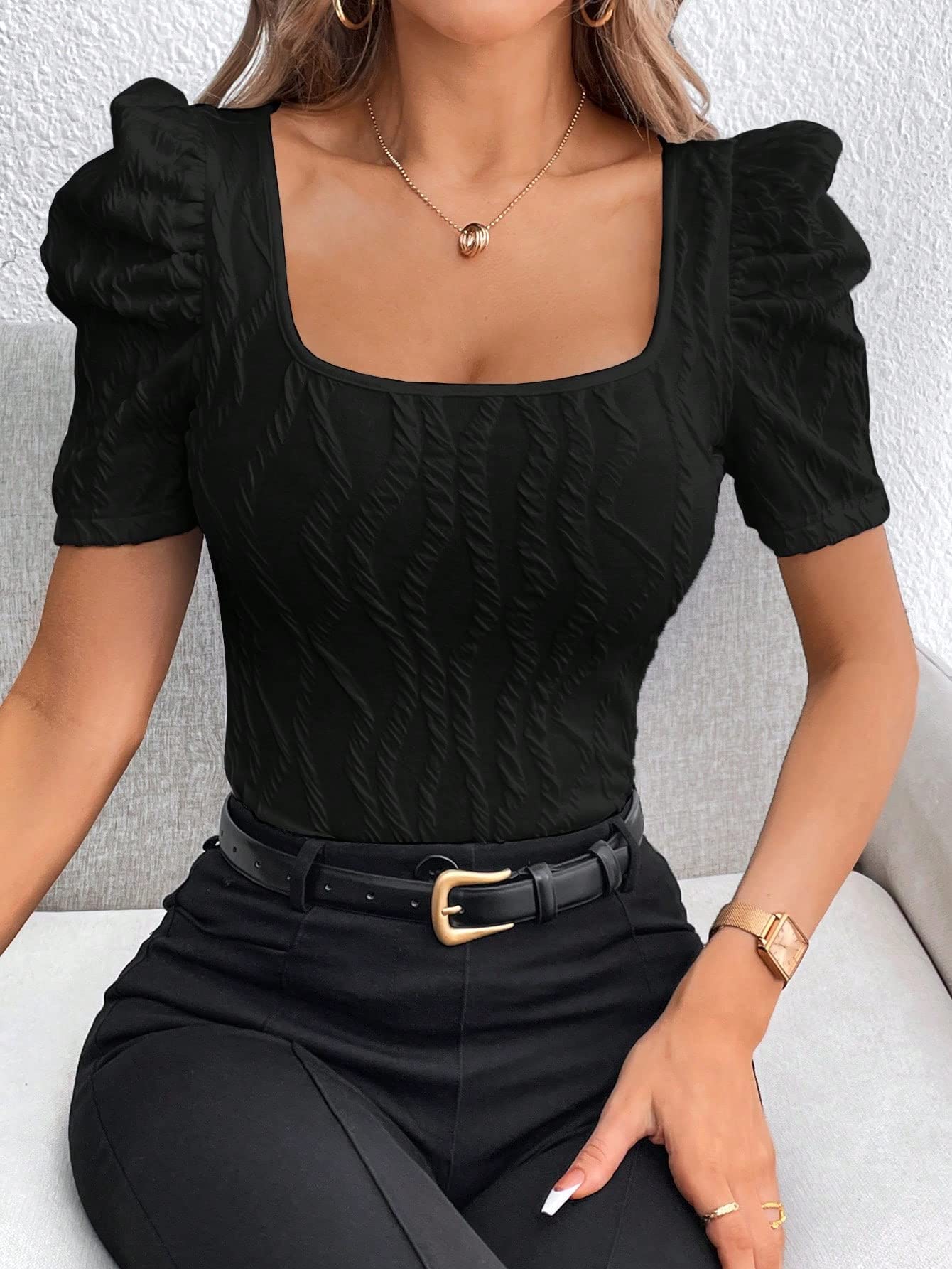 GORGLITTER Women's Puff Short Sleeve Square Neck Top Textured Knitted T Shirt Going Out Tops