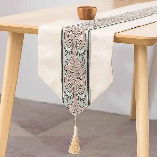 Champetre Wedding Table Runner, Floral Patchwork Table Runner with Linen Tassel, Beige, 32.5 x 180 cm