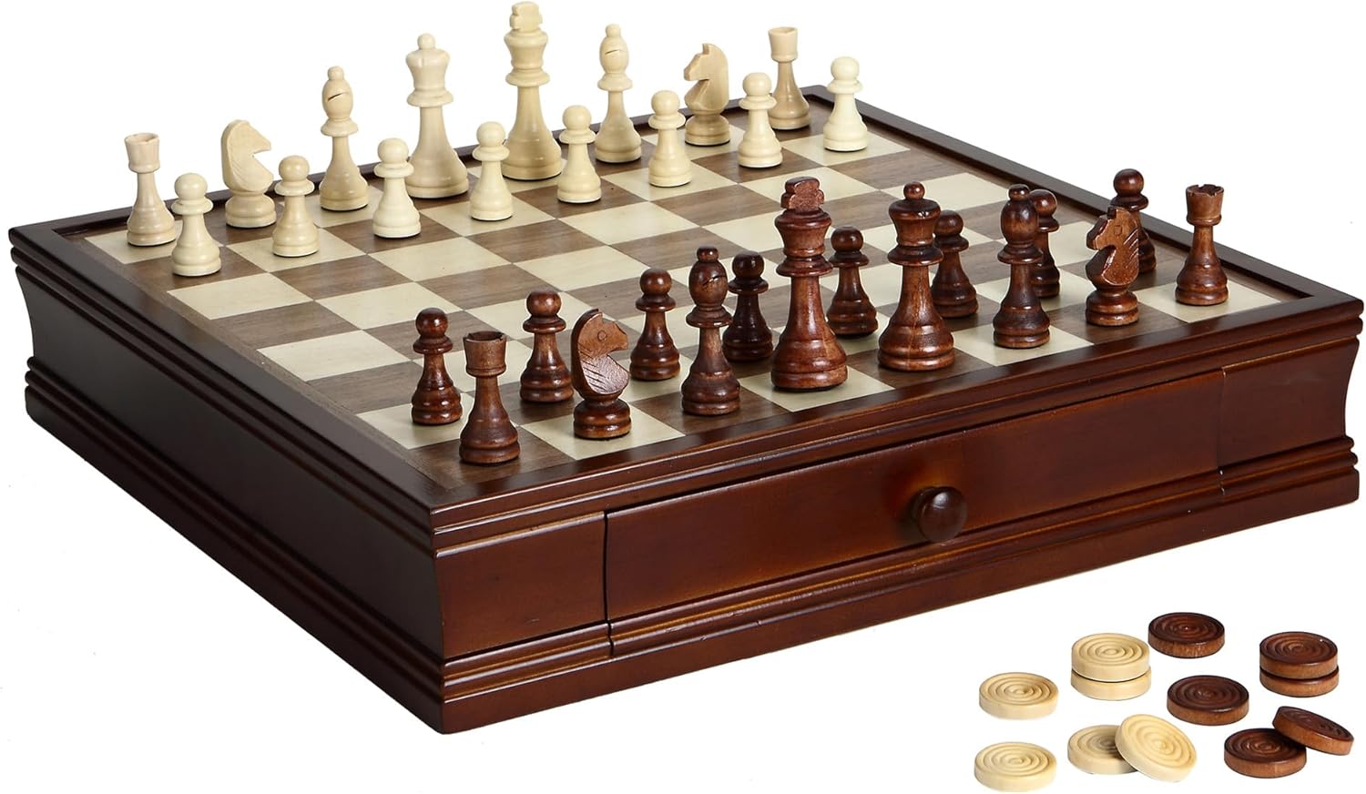 Hathaway Prodigy 19-in Wooden Chess and Checkers Set – Hardwood Board with Hand-Carved Pieces, Built-in Storage Drawers - Complete Wooden Chess Set - Walnut and Maple Finish