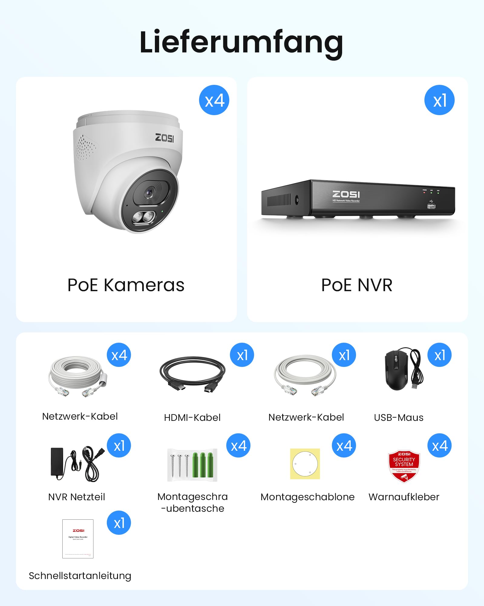 ZOSI 4K PoE Überwachungskamera Set Aussen, 4X 8MP IP Kameras mit 2-Wege-Audio, 8CH NVR 2TB HDD, Personen- und Fahrzeugerkennung, IR Nachtsicht, C220