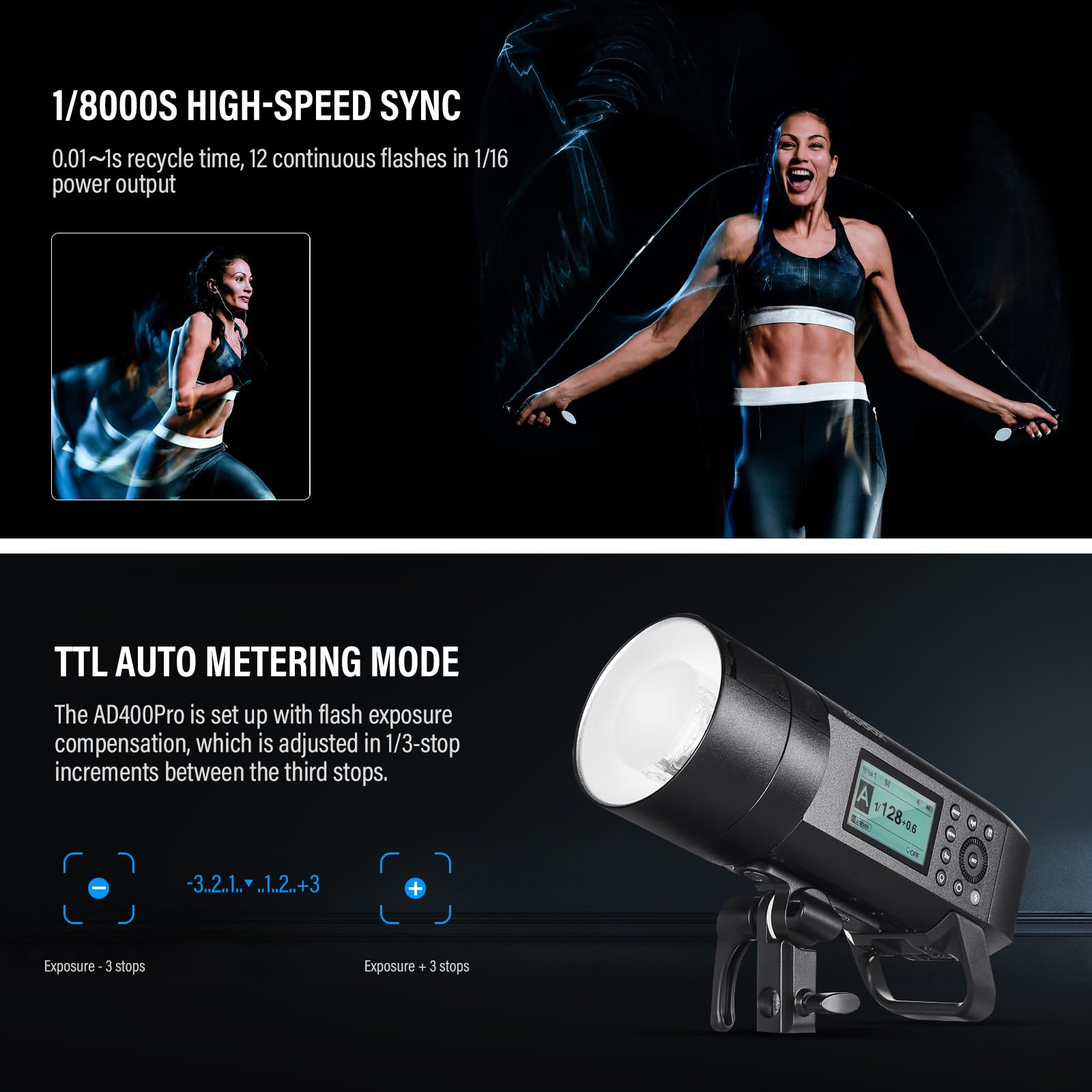 Godox AD400Pro 400W GN72 TTL 1/8000s HSS 2.4G X Sistema All-in-One Flash Speedlite Strobe Light, funzionamento a batteria, 390 Full Power Pops, Tempo di riciclaggio 0,01-1s