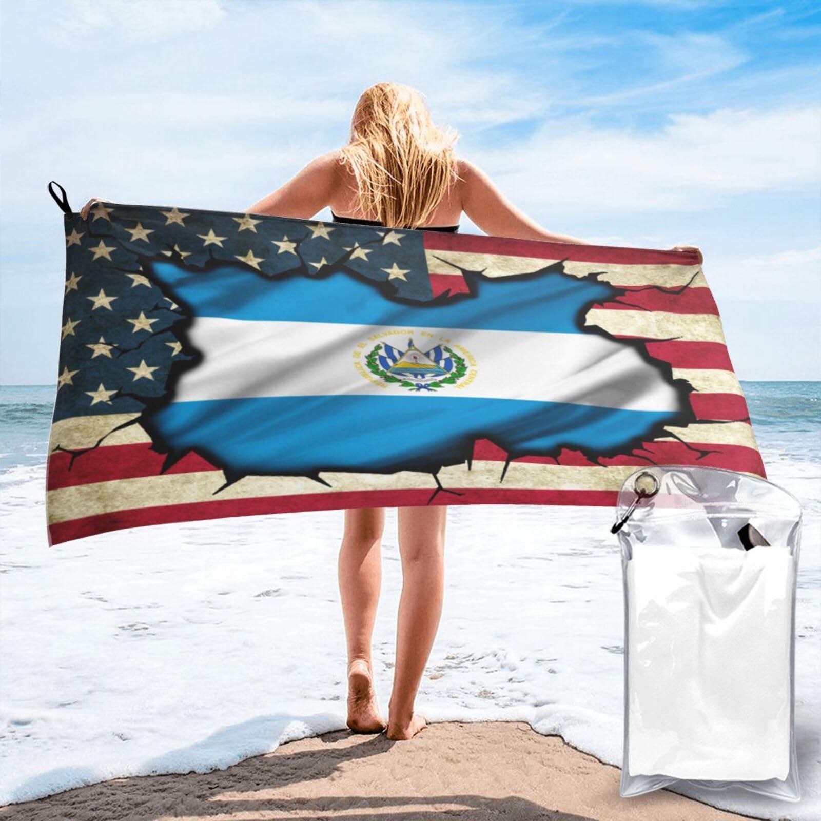 HACXZ Vintage America Flag and Salvador Flag Absorbent Beach Towel Microfiber Beach Towel Lightweight 31.5"X63"