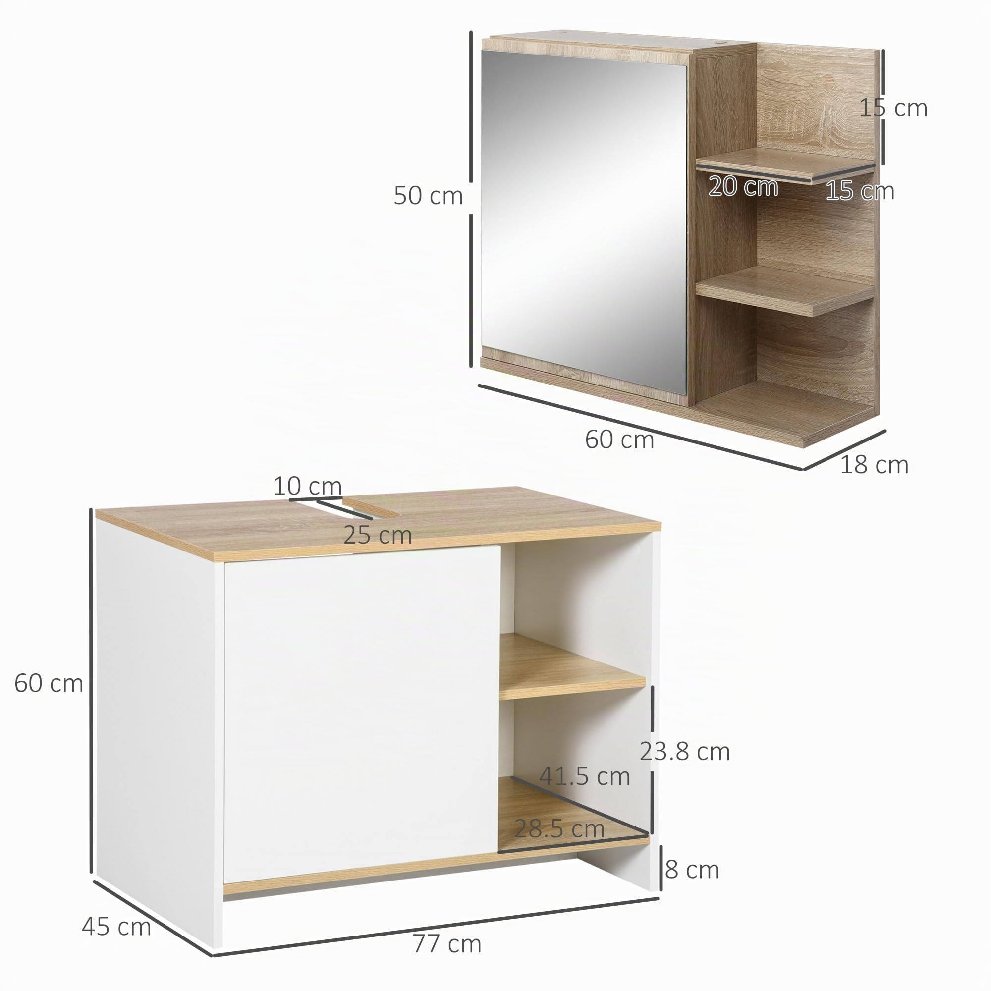 kleankin Set Arredo Bagno 2 Pezzi Specchiera Sottolavabo Color Legno | Mobile Specchiera con 3 Ripiani Aperti, Mobile Sottolavabo con 2 Ripiani Aperti e Armadietto, Truciolato e Vetro