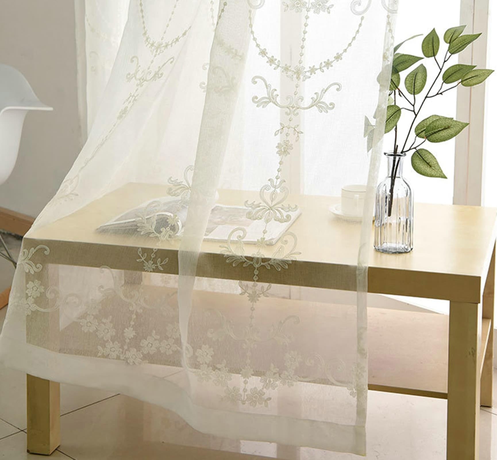 Fenster Voile Vorhänge mit Ösen 183 Lang, Polyesterleinen Vorhänge Blumen Bestickt 2 Stück Weiß für Schlafzimmer, H183 x B102 cm