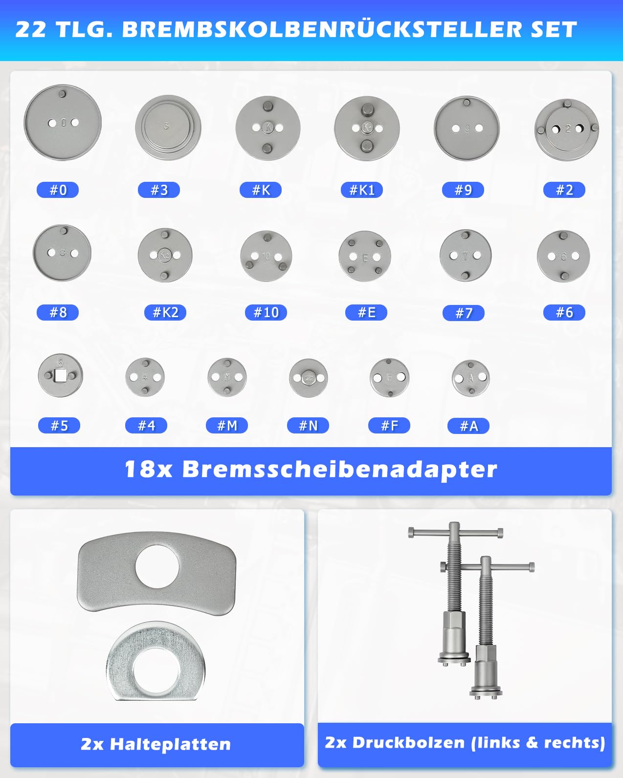 DAYUAN 22 TLG. Universal Bremskolbenrücksteller Set Bremssattel Kolben Wind Zurück Tool Kit Bremse Instandsetzung Werkzeug Bremskolben | Bremskolben Rückstellwerkzeug Set für Ford, Renault und VW usw, 18 verschiedenen Adaptern, magnetkopf, einfach zu verw