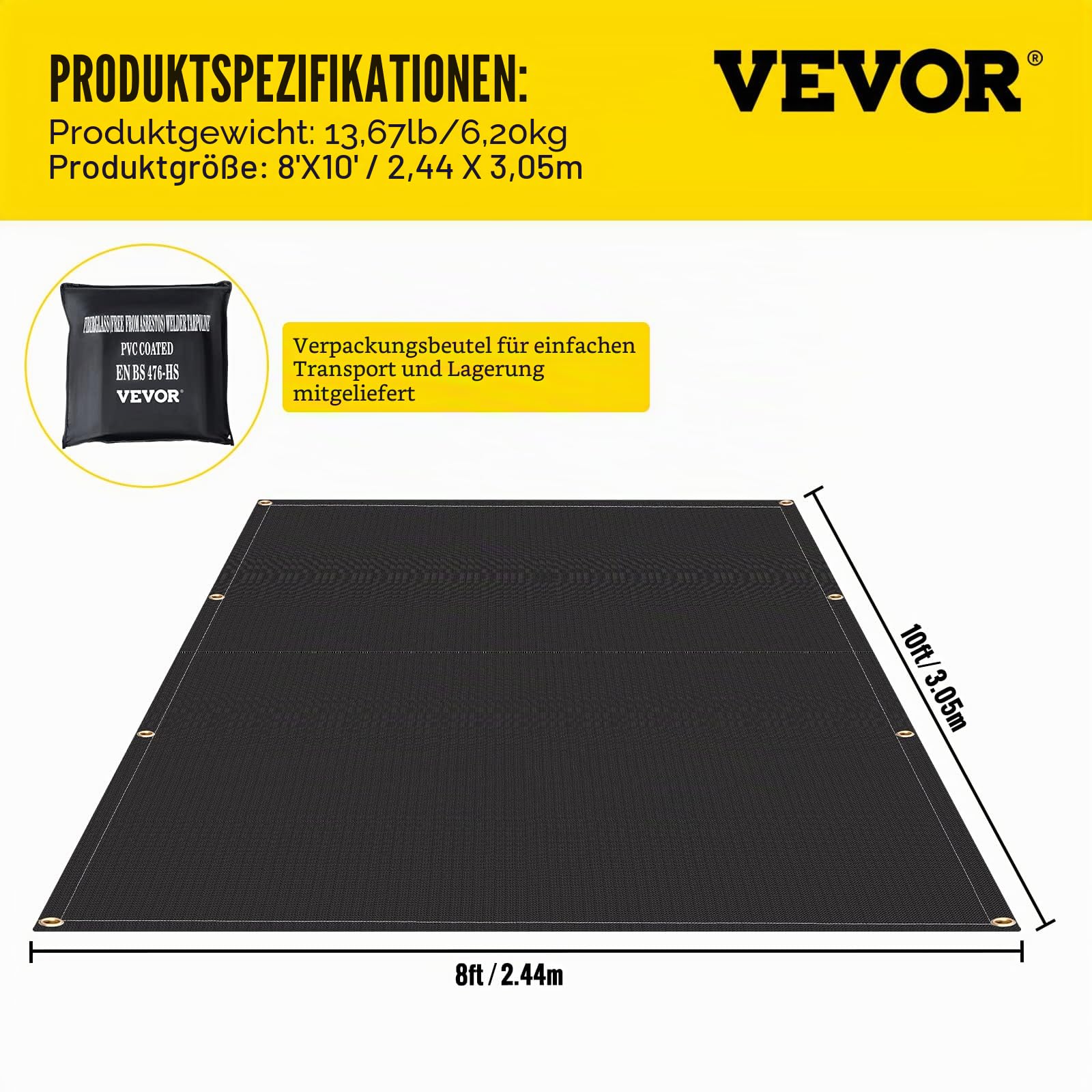 VEVOR Schweißschutzdecke, 2er-Pack Schweißdecken, 2,44 x 3,05 m Feuerlöschdecke, 1022 °F flammhemmende Decke, schwarze Feuernotfalldecken, feuerhemmende Glasfaserdecke mit 12 Messingösen