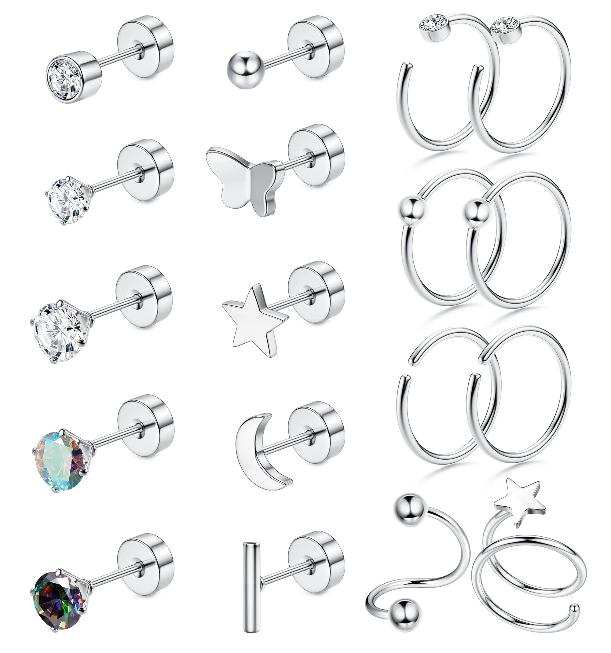 Adramata 18Pcs 20G Piercing Oreja G23 Titanio Pendientes Piercing Set Concha Tragus Pendientes Piercing Hipoalergénica Oreja Piercing Cartílago Helix Tragus Piercing para Mujer Hombre