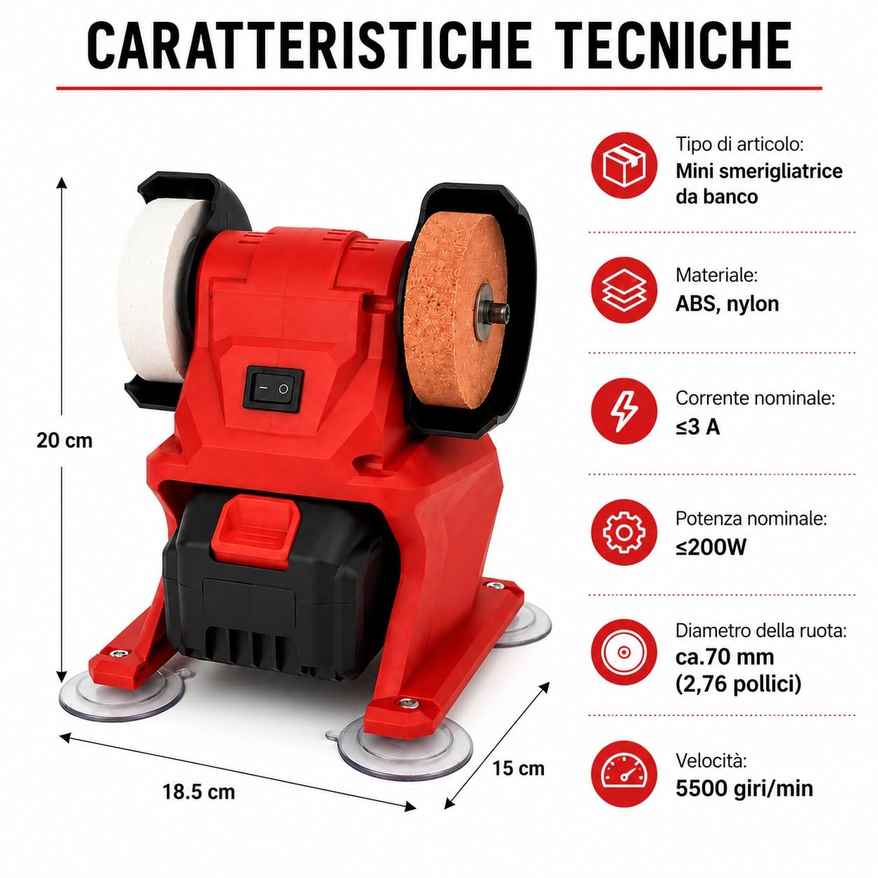 Mini Mola Smerigliatrice da Banco a Batteria con 2 Batterie M88 XC5.0 Doppia Pietra Abrasiva Ø70mm Motore 200W 5500 RPM Affilatrice da Banco Compatta per Lucidatura di Metallo, Legno e Gioielli