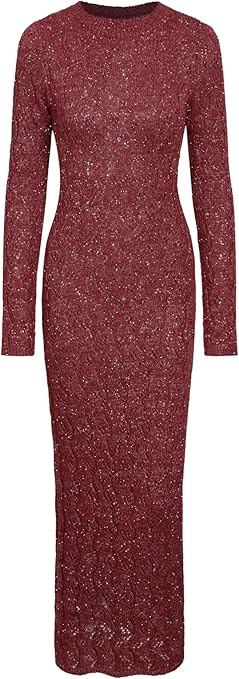 CIDER Burgundy Dress for Women Long Sweater Dresses Mesh Hollow Out Long Sleeve Crew Neck Maxi Winter Dress 2025