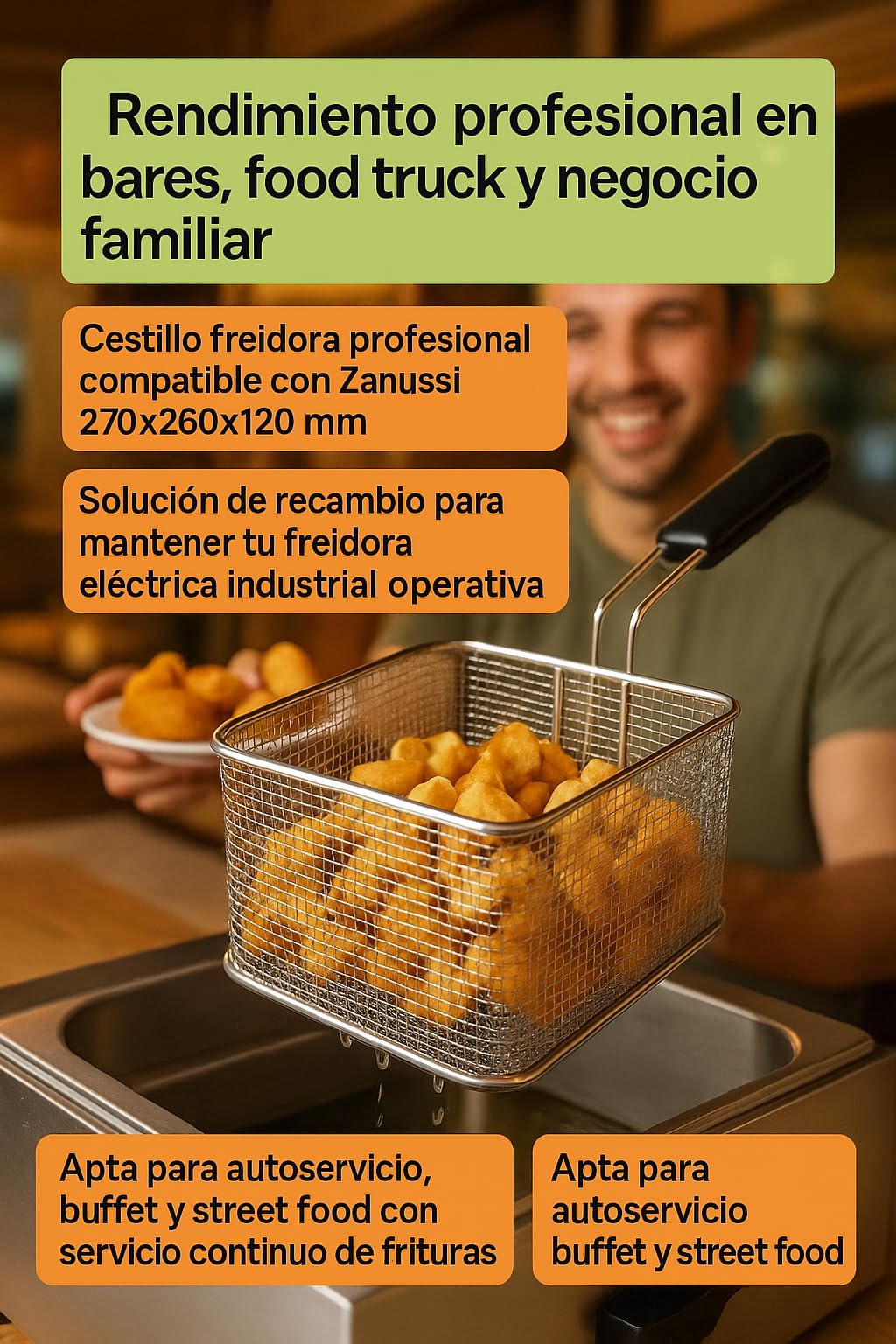 CubetasGastronorm ® Cesta freidora 270x260x120mm recambio industrial compatible con Zanussi Electrolux Alpeninox acero inoxidable para freidora electrica profesional hosteleria cocina uso diario