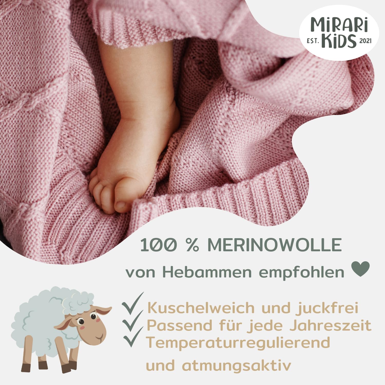 MIRARI koc dziecięcy z romby, wełniany kocyk w romby, wykonany w 100% z wełny merynosów, koc z dzianiny 75 x 100 cm, do przytulania, wyposażenie pierwsze | ciepły koc (ecru)