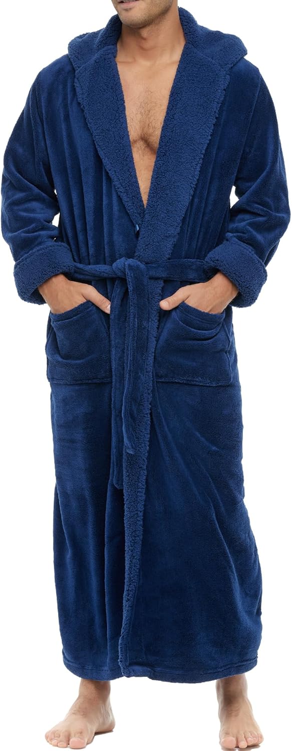Alexander Del Rossa Plush Mens Robe with Hood, Hooded Big and Tall Robes for Men, Sherpa Fleece Robe for Men
