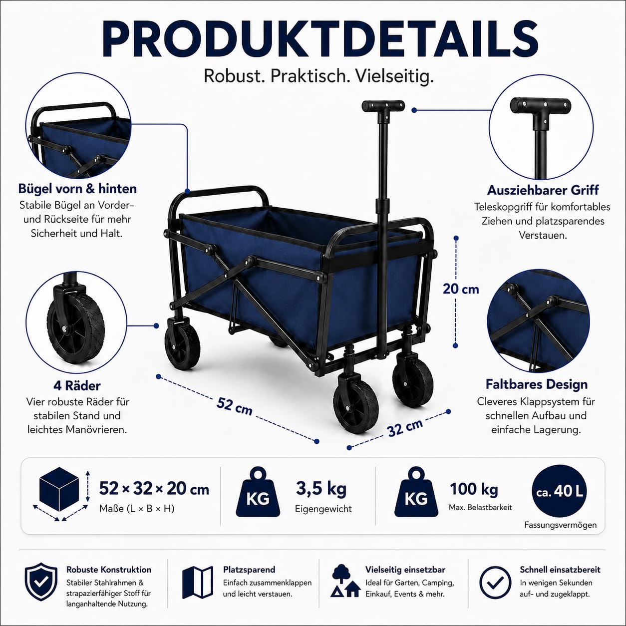 Bollerwagen faltbar 180L, bis 250 kg belastbar - Ziehwagen
