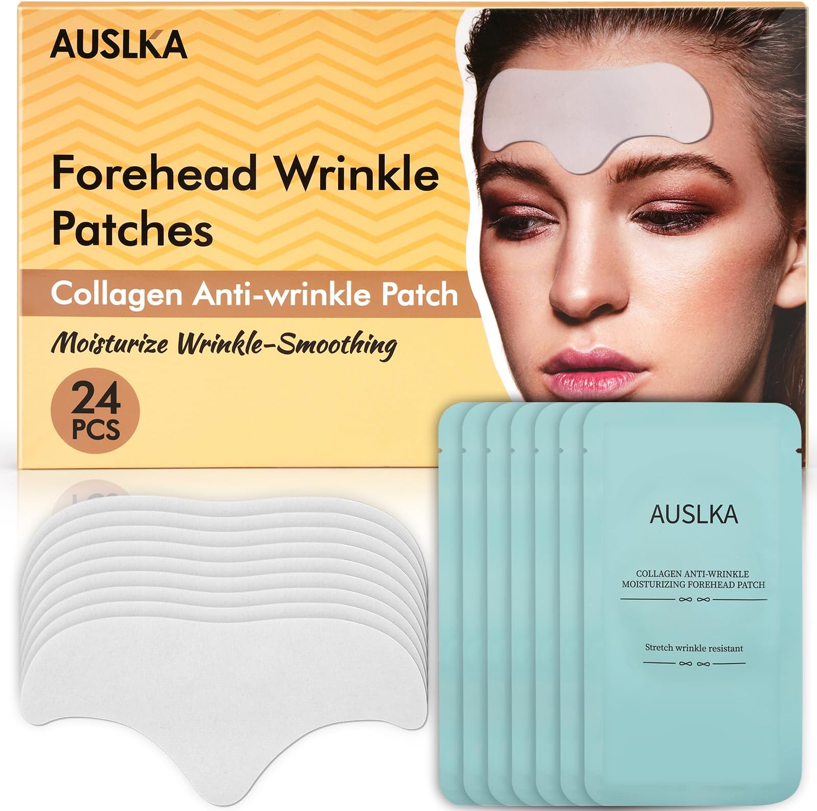 AUSLKA 24PCS Forehead Wrinkle Patches - Forehead Wrinkles treatment - Anti Wrinkle Patches,Facial Patches - Face Tape for Wrinkles - Smoothing, Moisturizing forehead & between eyes