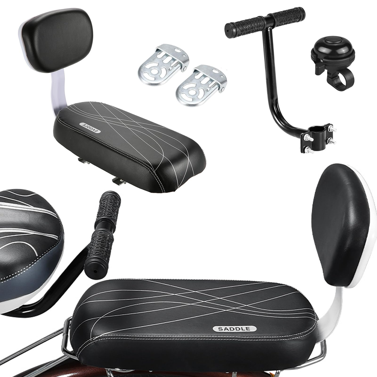 AMAMIA Bicycle Rear Back Seat Cushion Armrest Footrest Set,Wide Child Bike Seat Back Safety Armrest Handrail Feet Pedals,Child Bike Safety Seat for Electric Folding Bikes, Kids Bike Seat Carrier