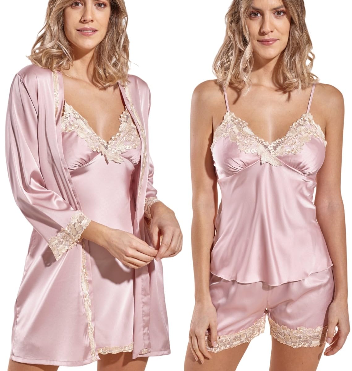 Laura in - Pigiama da Donna in Raso setoso, Tinta Unita, Lingerie Pigiami con Pizzo, Set da 5 Pezzi Robe Accappatoio, Camicie da Notte, Top, Pantaloni, Pantaloncini.