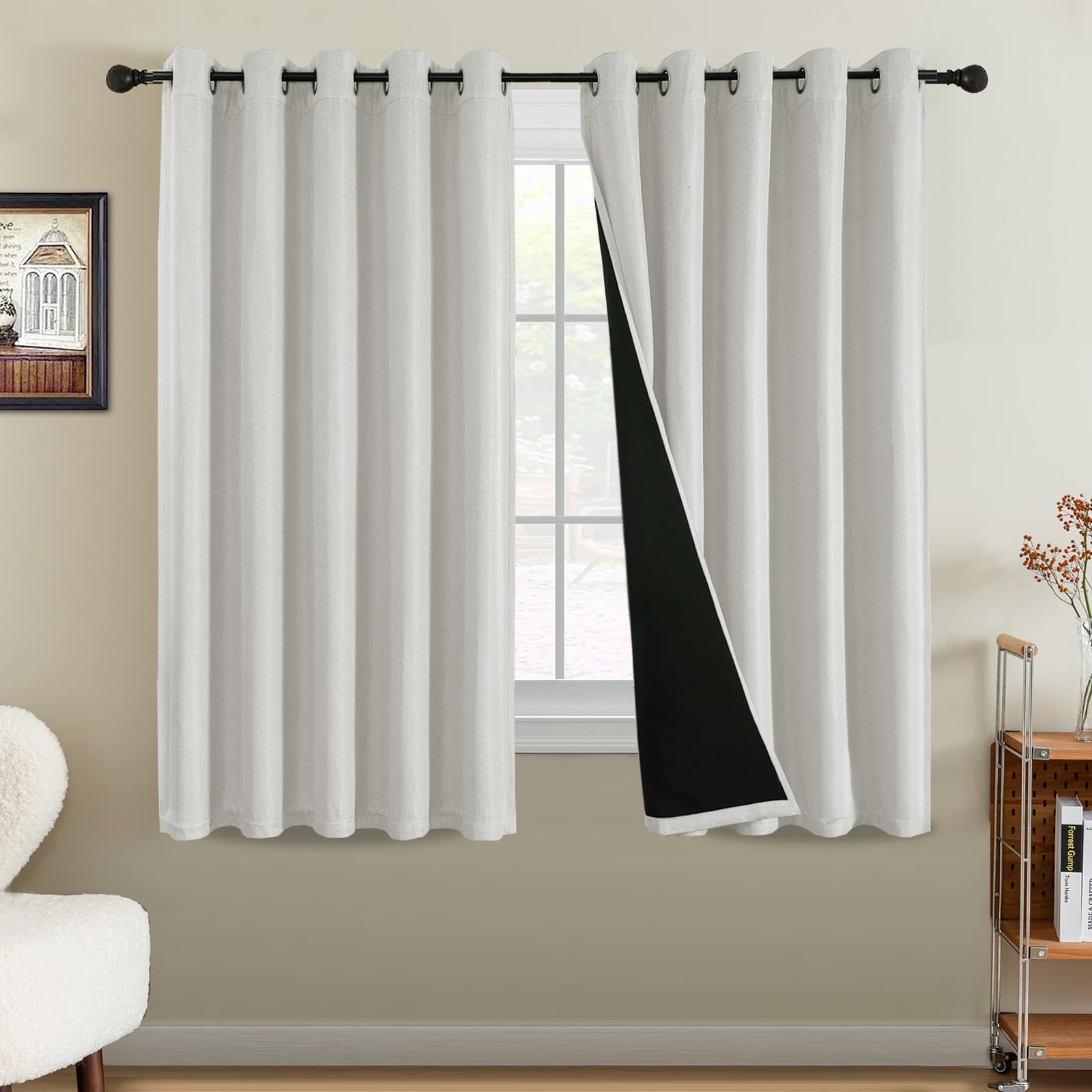 Bellahills Heather Ivory 100% Blackout Curtains For Bedroom Thermal Faux Linen Curtain For Living Room Burlap Textured Eyelet Curtains & Drapes, 2 Panels, 66 X 54 Inch,