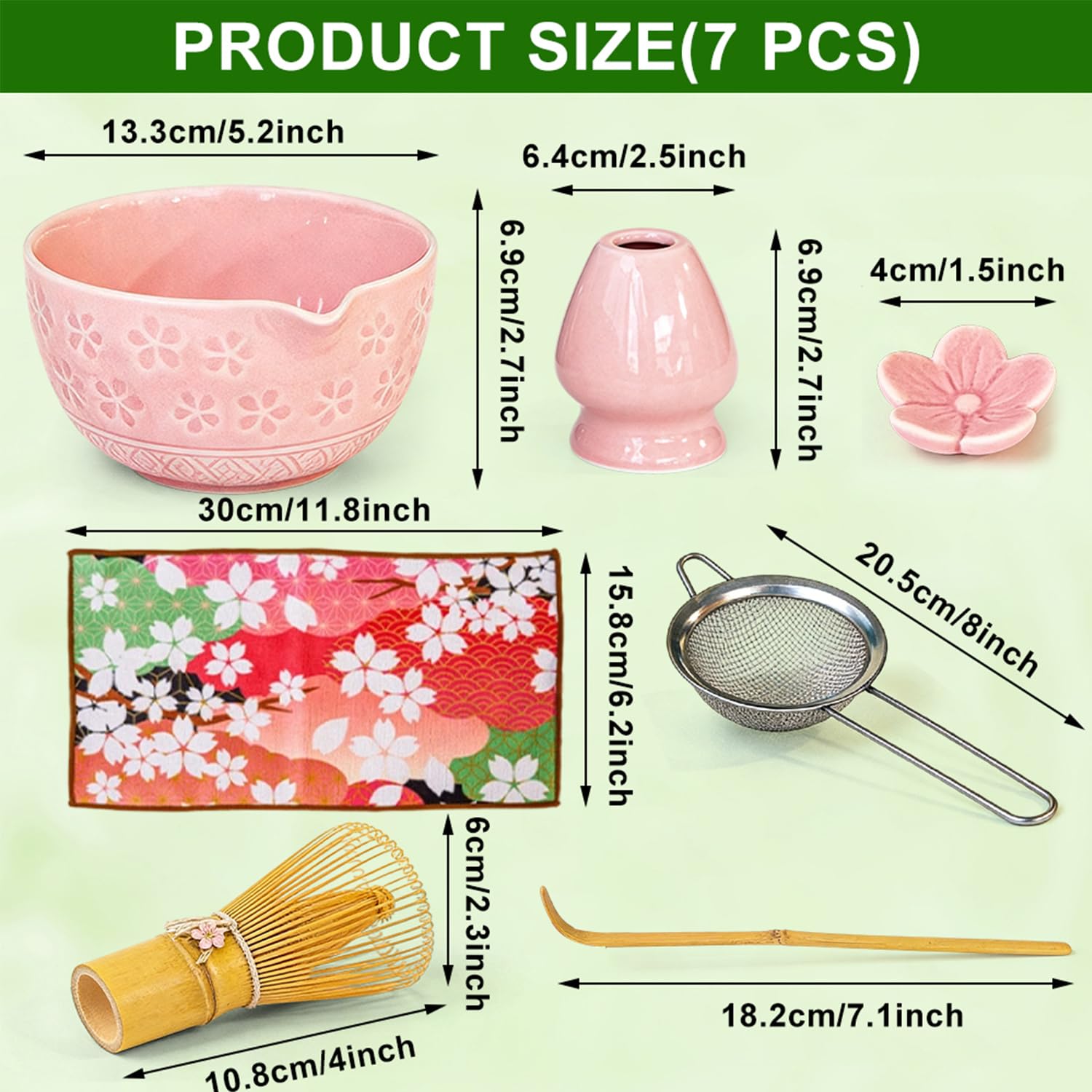 Matcha Set di 7 scope Matcha rosa, con ciotola in ceramica, frusta in bambù, frusta in bambù, cucchiaino da tè, porta cucchiaio in ceramica, colino e accessori, perfetto per gli amanti del