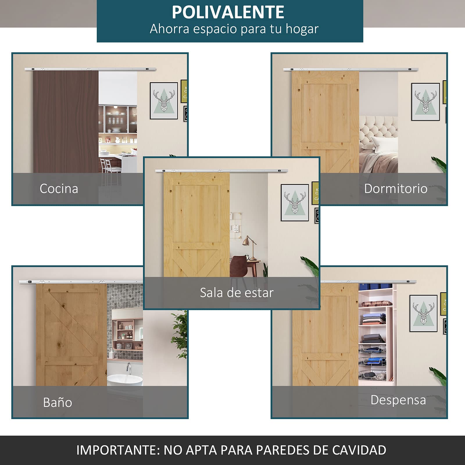 HOMCOM Herraje para Puerta Corredera 186 cm Kit de Accesorios para Puerta Corrediza de Madera con Riel de Metal y 2 Poleas Plateado