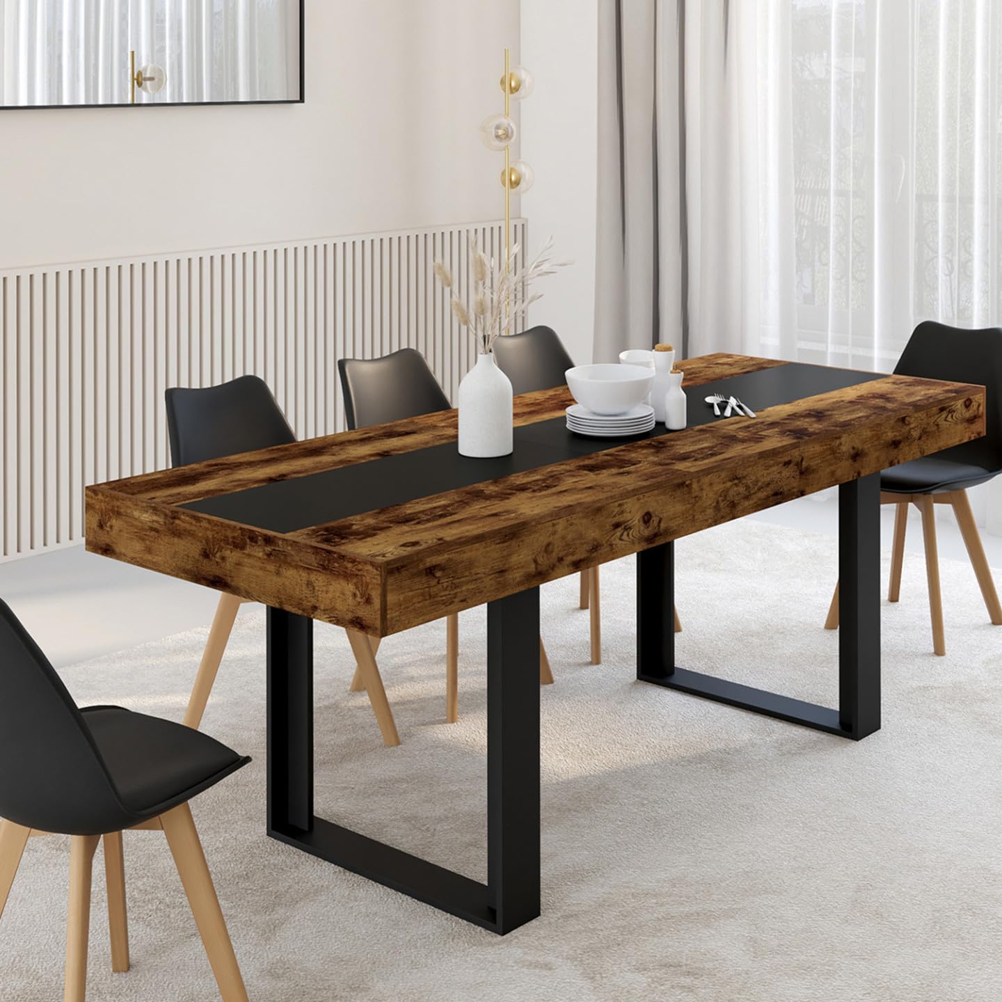 IDMarket - Table à Manger Extensible Rectangle Phoenix 4-8 Personnes Bois Effet Vieilli et Noir Bande Centrale Noire 160-200 cm