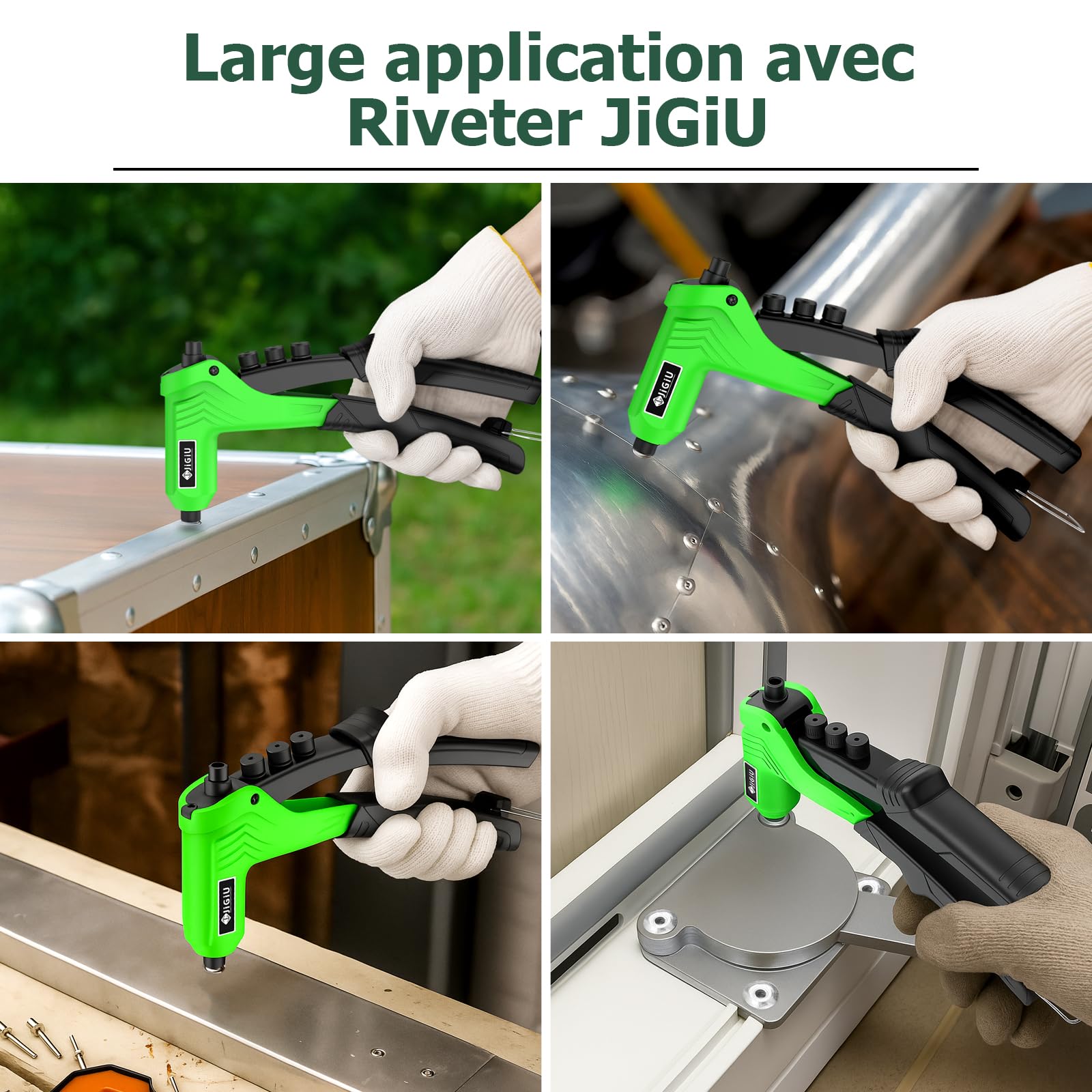 JiGiU Pistolet à Rivets avec 200 Rivets, Kit de Pistolet à Rivets à Main, Outil de Rivetage Manuel Professionnel avec 4 Embouts Interchangeables Sans Outil, Design de Poignée Ergonomique