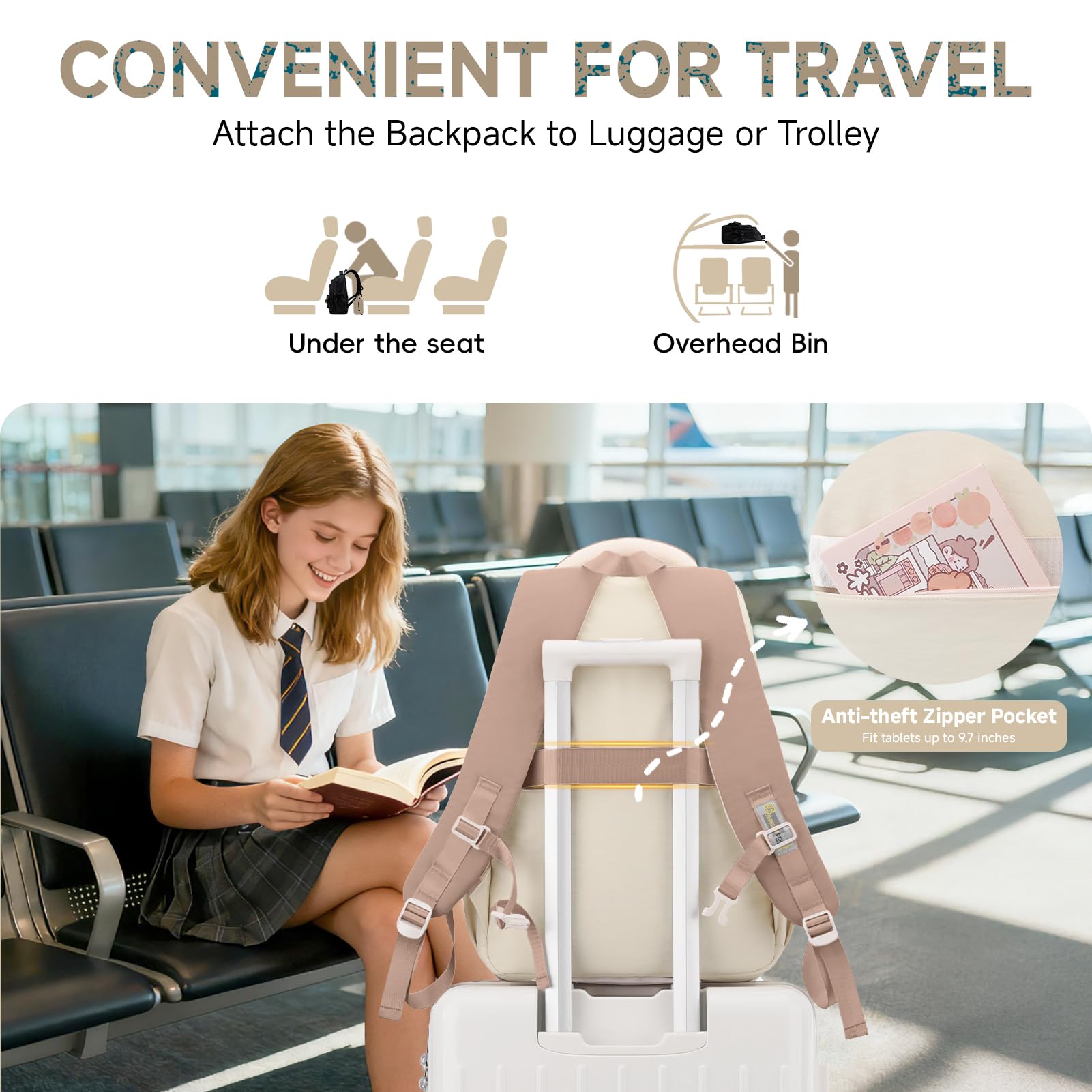 Tanou Sac à Dos pour Fille, Grande Capacité Cartable Adolescent en Polyester Imperméable, Sacs Scolaires Filles Tendance avec Pendentif Étoile pour École Primaire et College