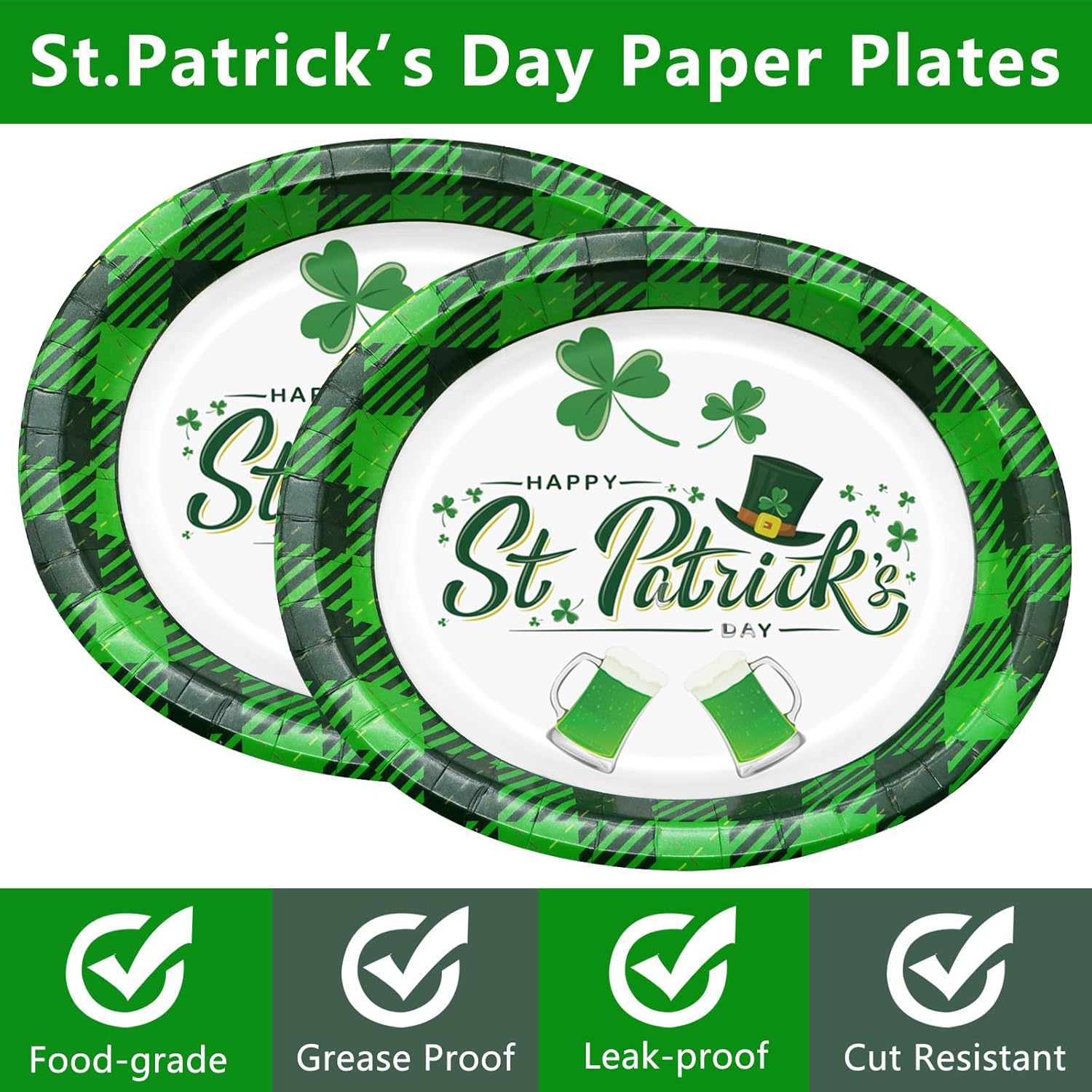 30 Count St Patricks Day Plates 10" x 12" Oval Green Paper Plates Heavy Duty for St Patricks Day Decorations Irish Festival Party - Image 3