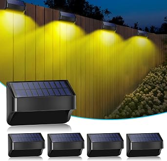 AMKI Solar Lights Outdoor, 4 Pack Solar Fence Light Waterproof with 4 Modes, Warm White & RGB Color Changing Solar Outdoor Wall Lights Deck Light for Backyard, Railing, Garden, Pathway, Fence, Black