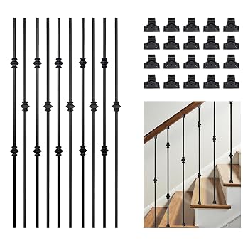 10 Pack Balusters for Staircase Interior Hollow Double and Single Knuckle Stair Spindles 1/2 Square Iron Balusters with 20 Swivel Shoes(A341-10)