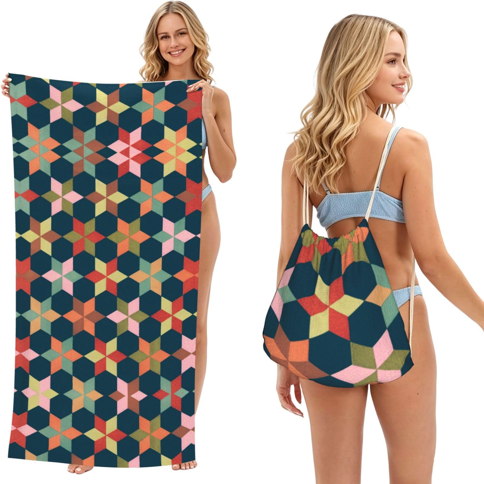 SATUSA Geometriske Print 2-In-1 Foldable Beach Towel Backpack â€“ Camping, Yoga And Travel,Bath Towel With Built-In Storage, Convertible Beach Mat & Carry Bag